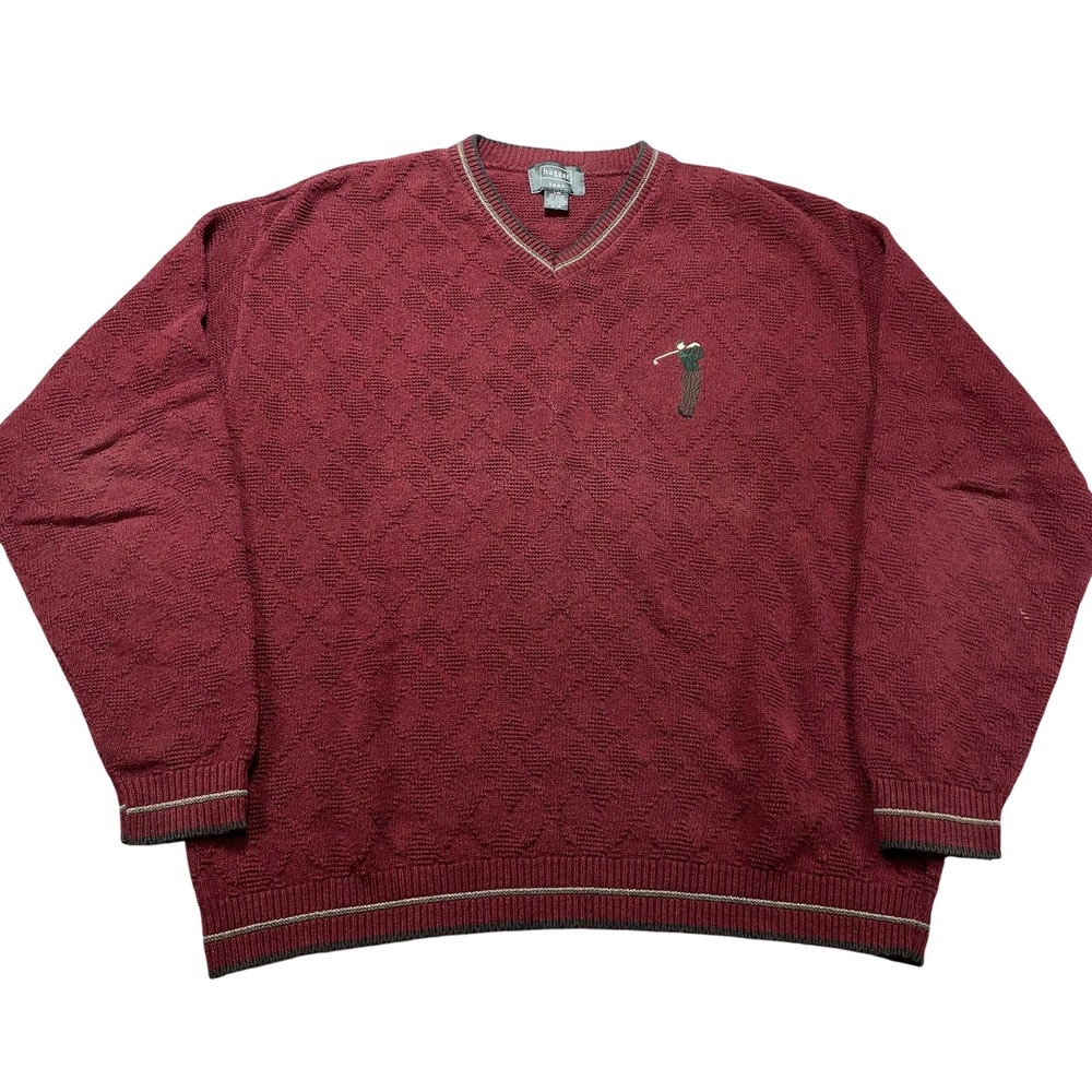 Vintage 90s Haggar Tour Sweater Men Large Red Argyle Knit V Neck Pullover Golfer